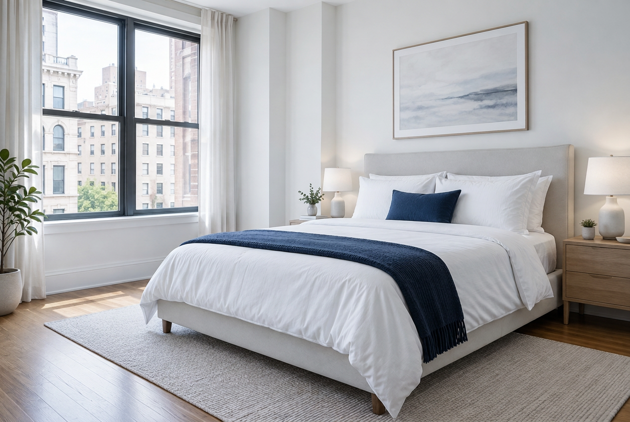 Bright New York bedroom with white bedding and a navy throw